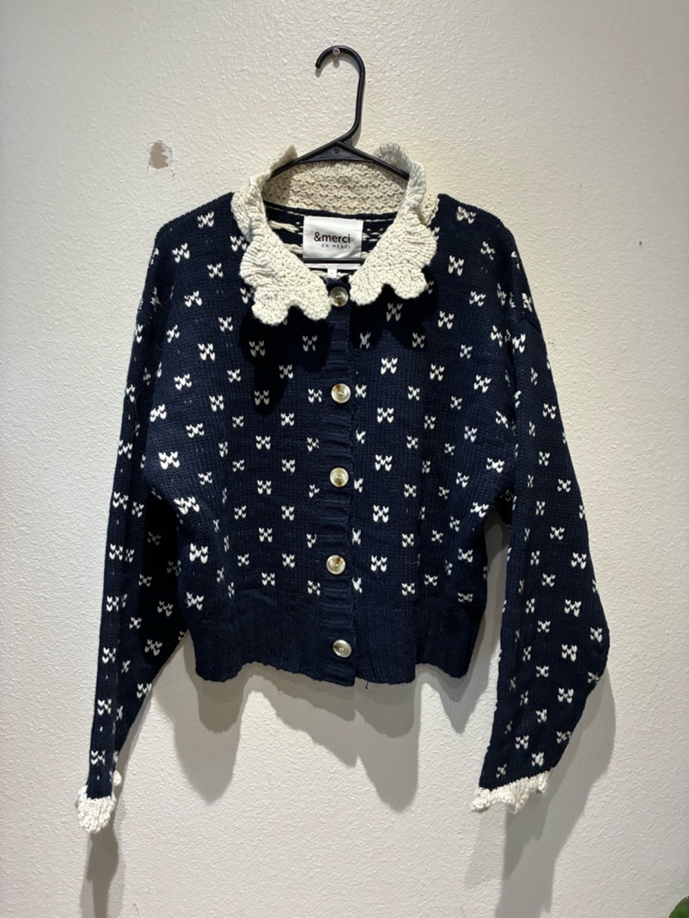&merci Navy Blue Cropped Cardigan Sweater White Scalloped Collar & Bow Pattern L - Picture 2 of 5